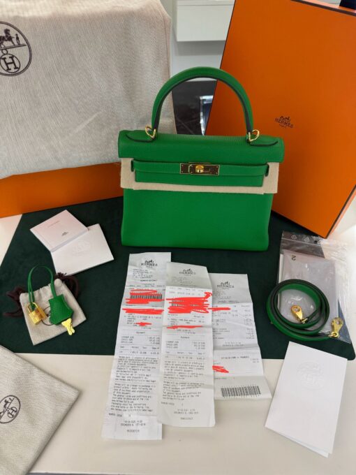Borsa Hermès kelly 28 retourne togo clemence taurillon hardware dorato NUOVA color Verde bambù full set con scontrini e scatole FULL STICKERS - Image 6
