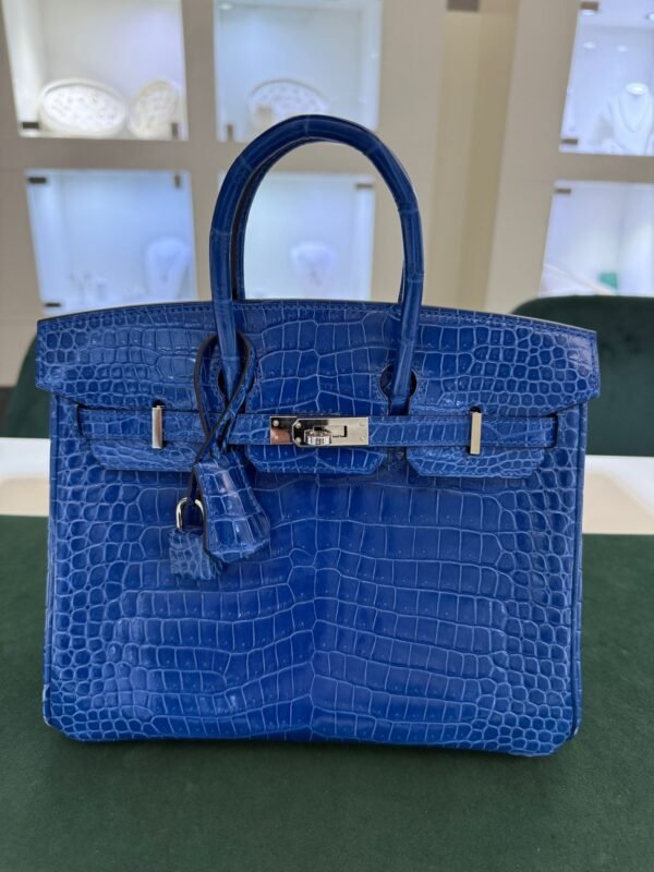 WhatsApp Image 2025-07-31 at 17.39.51 (1) Hermès Birkin 25 crocodile poro porosus lisse stampa U second hand colore blue hardware palladio full set con scontrino ufficiale Hermès