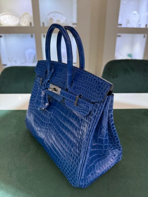 WhatsApp Image 2025-07-31 at 17.39.51 (3) Hermès Birkin 25 crocodile poro porosus lisse stampa U second hand colore blue hardware palladio full set con scontrino ufficiale Hermès