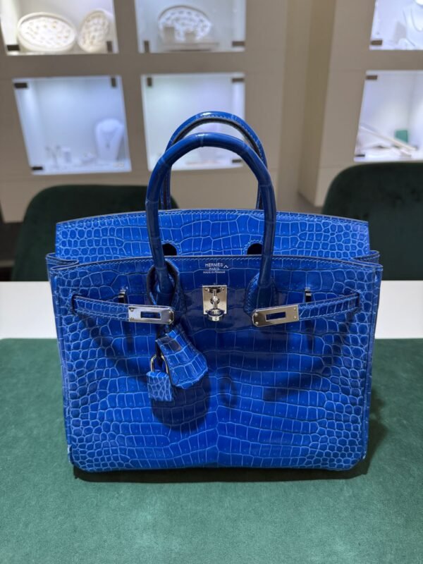 WhatsApp Image 2025-07-31 at 17.39.51 (4) Hermès Birkin 25 crocodile poro porosus lisse stampa U second hand colore blue hardware palladio full set con scontrino ufficiale Hermès