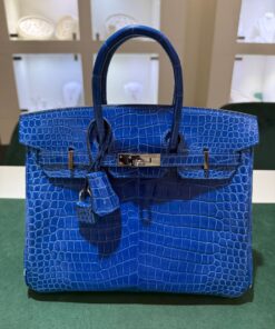 Hermès Birkin 25 crocodile poro porosus lisse stampa U second hand colore blue hardware palladio full set con scontrino ufficiale Hermès