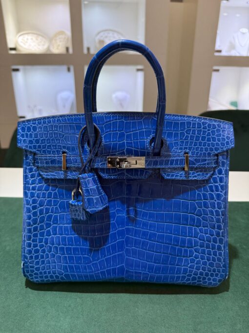 Hermès Birkin 25 crocodile poro porosus lisse stampa U second hand colore blue hardware palladio full set con scontrino ufficiale Hermès
