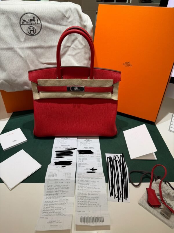Hermès Birkin 30 retourne veau togo rouge radie stampa K NUOVA 2025 Agosto colore rouge hardware palladio full set con scontrino ufficiale Hermès pellicole stickers ovunque .