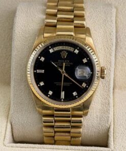 Rolex Day-Date 36 quadrante nero in diamanti del 1985 coevo yellow gold con scatola Rolex