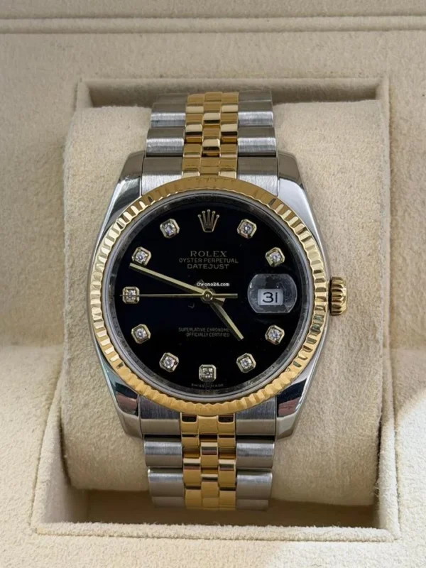 Rolex Datejust 36 acciaio oro quadrante nero in diamanti del 2008 full set con documenti