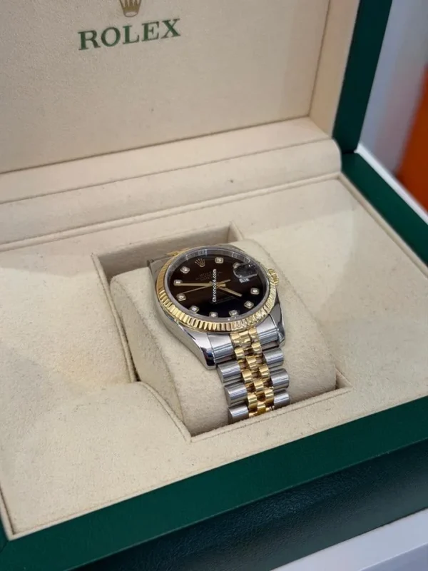 Rolex Datejust 36 acciaio oro quadrante nero in diamanti del 2008 full set con documenti
