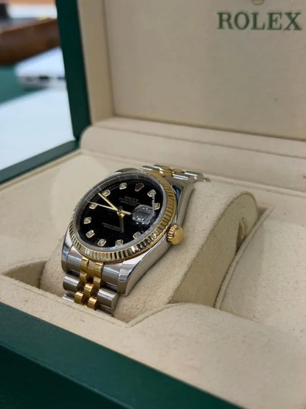 Rolex Datejust 36 acciaio oro quadrante nero in diamanti del 2008 full set con documenti
