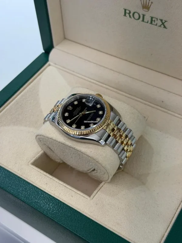 Rolex Datejust 36 acciaio oro quadrante nero in diamanti del 2008 full set con documenti