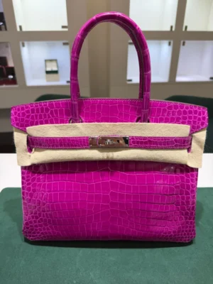 Hermès Birkin 30 CROCODYLUS POROSUS second hand fuxia del 2022 full set top condition hardware in palladio