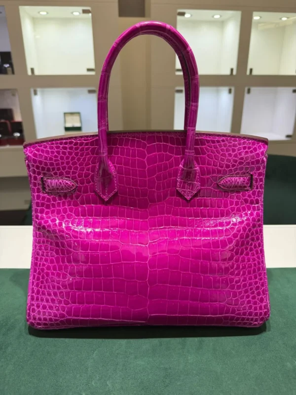 Hermès Birkin 30 CROCODYLUS POROSUS second hand fuxia del 2022 full set top condition hardware in palladio