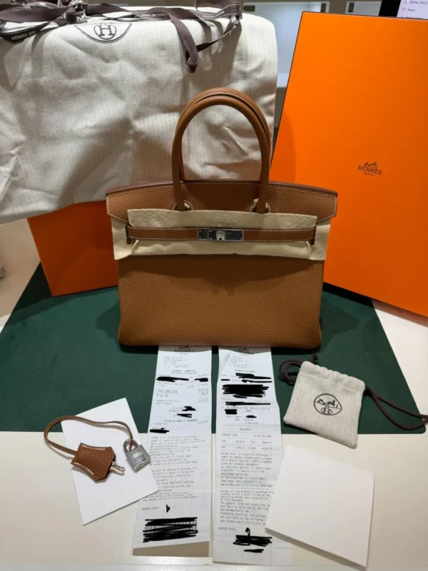 Herm&egrave;s Birkin 30 retourne veau togo colore gold (marrone) stampa G NUOVA 2026 hardware palladio full set con scontrino ufficiale Herm&egrave;s