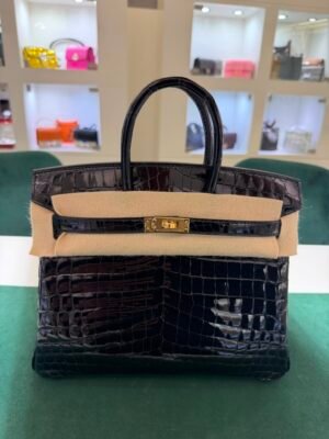 Herm&egrave;s Birkin 25 Crocodile Niloticus Liss&eacute; Nera &ndash; Hardware Oro stampa W NUOVA 2024 hardware dorato full set con scontrino ufficiale e Cites
