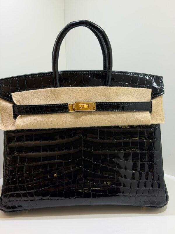 Herm&egrave;s Birkin 25 Crocodile Niloticus Liss&eacute; Nera &ndash; Hardware Oro stampa W NUOVA 2024 hardware dorato full set con scontrino ufficiale e Cites