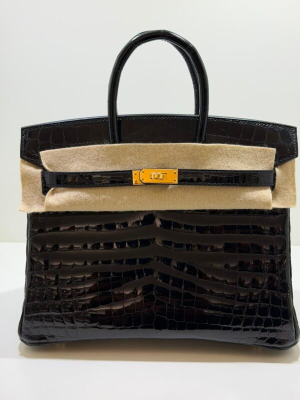 Herm&egrave;s Birkin 25 Crocodile Niloticus Liss&eacute; Nera &ndash; Hardware Oro stampa W NUOVA 2024 hardware dorato full set con scontrino ufficiale e Cites