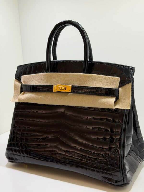 Herm&egrave;s Birkin 25 Crocodile Niloticus Liss&eacute; Nera &ndash; Hardware Oro stampa W NUOVA 2024 hardware dorato full set con scontrino ufficiale e Cites