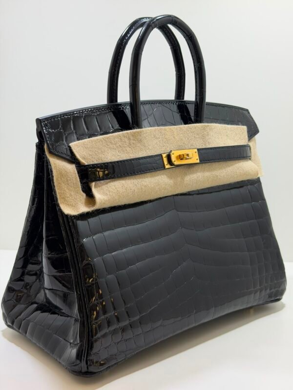 Herm&egrave;s Birkin 25 Crocodile Niloticus Liss&eacute; Nera &ndash; Hardware Oro stampa W NUOVA 2024 hardware dorato full set con scontrino ufficiale e Cites