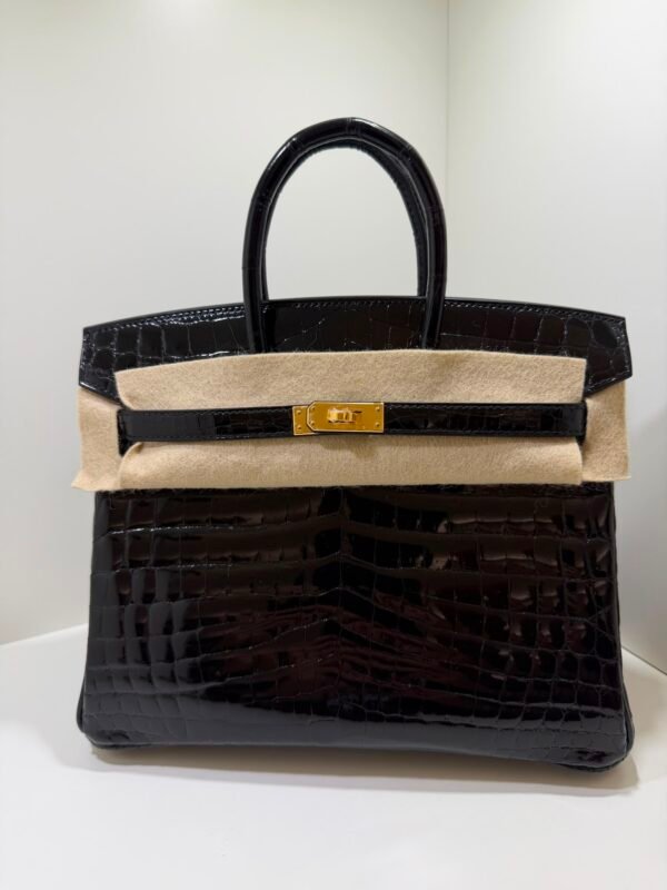 Herm&egrave;s Birkin 25 Crocodile Niloticus Liss&eacute; Nera &ndash; Hardware Oro stampa W NUOVA 2024 hardware dorato full set con scontrino ufficiale e Cites