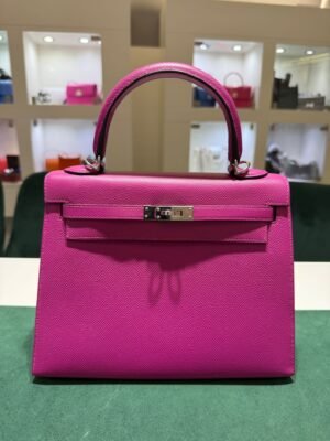 Herm&egrave;s Kelly 25 Sellier epsom Rose porpose ( pourpre )second hand hardware palladio del 2018 con fattura d&rsquo;acquisto.