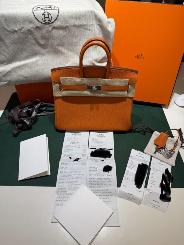 Herm&egrave;s Birkin 25 retourne veau togo colore Orange( arancio ) stampa G NUOVA 2026 hardware Palladio full set con scontrino ufficiale Herm&egrave;s