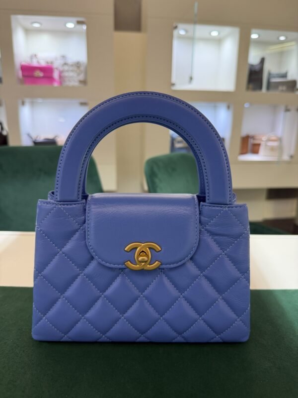 CHANEL Mini Kelly ( Mini Shopping Bag Kelly ) colore blu Pelle di Vitello Hardware Oro del 2024 Full Set
