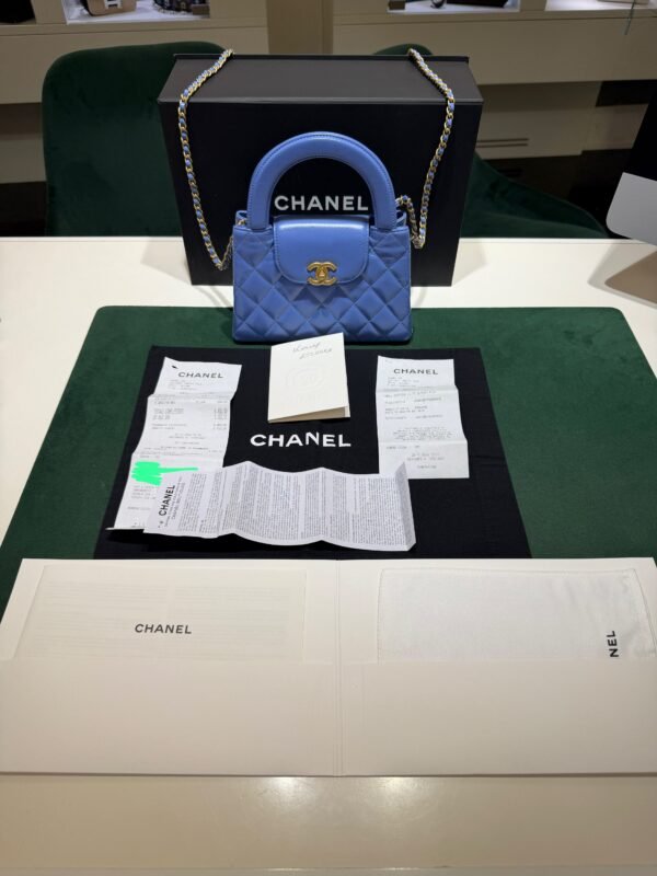 CHANEL Mini Kelly ( Mini Shopping Bag Kelly ) colore blu Pelle di Vitello Hardware Oro del 2024 Full Set